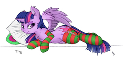 Size: 1200x600 | Tagged: safe, artist:bleff172, artist:dfectivedvice, twilight sparkle, alicorn, pony, g4, chest fluff, clothes, colored pupils, female, looking at you, pillow, signature, simple background, socks, solo, striped socks, thigh highs, twilight sparkle (alicorn), updated, white background
