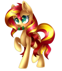 Size: 2354x2700 | Tagged: safe, artist:scarlet-spectrum, sunset shimmer, pony, unicorn, g4, blushing, cute, female, high res, merry christmas, mouth hold, present, raised hoof, shimmerbetes, simple background, solo, transparent background