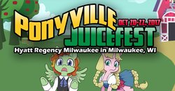 Size: 1200x628 | Tagged: safe, oc, oc only, oc:barley tender, oc:caramel malt, pegasus, pony, unicorn, apple tree, barmel, barn, frown, juice, mascots, milwaukee, parody, parody of a convention, ponyville ciderfest, ponyville juicefest, sad, tree, wrong