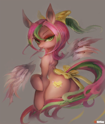 Size: 1275x1500 | Tagged: safe, artist:girlsay, oc, oc only, oc:precious metal, pegasus, pony, semi-anthro, bedroom eyes, bow, butt, eyeshadow, female, floating wings, hair bow, looking at you, makeup, patreon, patreon logo, plot, smiling, solo
