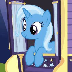 Size: 397x397 | Tagged: safe, screencap, trixie, pony, unicorn, g4, season 6, to where and back again, animated, blinking, cute, diatrixes, eyes closed, female, gif, happy, leaning, mare, smiling, solo