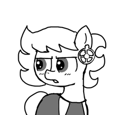 Size: 640x600 | Tagged: safe, artist:ficficponyfic, oc, oc only, oc:ruby rouge, earth pony, pony, colt quest, belt, blushing, child, clothes, crossdressing, dress, ear piercing, earring, female, filly, foal, frown, irritated, jewelry, knife, monochrome, piercing, solo, story included, tsundere