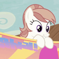 Size: 362x362 | Tagged: safe, screencap, cloud brûlée, pegasus, pony, g4, to where and back again, animated, background pony, banner, cute, female, flying, gif, mare, smiling, solo