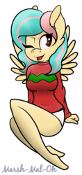 Size: 667x1414 | Tagged: safe, artist:marsh-mal-oh, oc, oc only, oc:vanilla ganache, pegasus, anthro, plantigrade anthro, christmas, clothes, one eye closed, simple background, solo, sweater, transparent background, wink