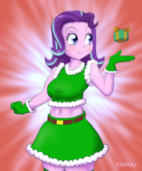 Size: 833x1000 | Tagged: safe, artist:empyu, starlight glimmer, equestria girls, g4, belly button, christmas, cute, equestria girls-ified, female, glimmerbetes, present, smiling, solo