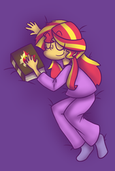 Size: 1001x1477 | Tagged: safe, artist:typhwosion, sunset shimmer, equestria girls, g4, clothes, cute, eyes closed, female, journal, journey book, pajamas, pants, shimmerbetes, sleeping, socks, solo