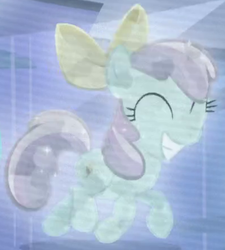 Size: 397x442 | Tagged: safe, screencap, opal bloom, crystal pony, pony, g4, the crystal empire, bow, cropped, eyes closed, female, filly, not apple bloom, smiling, solo