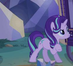 Size: 531x483 | Tagged: safe, screencap, starlight glimmer, pony, unicorn, g4, season 6, to where and back again, animated, behaving like a cat, cropped, cute, female, fireworks, frown, gif, glimmerbetes, gritted teeth, jumping, raised hoof, scared, shocked, solo, trixie's wagon, twilight's castle, wide eyes