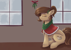 Size: 5100x3600 | Tagged: safe, artist:ardail, oc, oc only, oc:mocha latte, earth pony, pony, absurd resolution, clothes, ear fluff, eyes closed, female, mare, mistletoe, scarf, sitting, smiling, solo, window