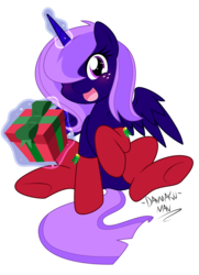 Size: 2534x3500 | Tagged: safe, artist:danmakuman, oc, oc only, oc:nightwish moon, alicorn, pony, alicorn oc, blushing, clothes, commission, freckles, glowing horn, hair over one eye, happy, high res, horn, looking at you, magic, open mouth, present, sitting, solo, stockings