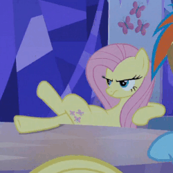Size: 336x336 | Tagged: safe, edit, edited screencap, screencap, applejack, fluttershy, rainbow dash, changeling, pony, g4, to where and back again, angry, animated, chair, cropped, disguise, disguised changeling, fake applejack, fake fluttershy, fake rainbow dash, gif, grumpy, leg twitch, solo focus
