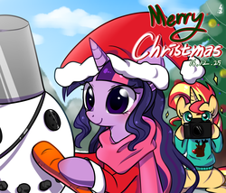 Size: 1400x1200 | Tagged: safe, artist:haden-2375, sci-twi, sunset shimmer, twilight sparkle, pony, unicorn, g4, button, camera, carrot, clothes, coal, cute, female, food, hat, hearth's warming, lesbian, mare, merry christmas, santa hat, scarf, shimmerbetes, ship:sci-twishimmer, ship:sunsetsparkle, shipping, sitting, smiling, snow, snowman, twiabetes