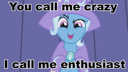 Size: 960x540 | Tagged: safe, edit, edited screencap, screencap, trixie, pony, unicorn, boast busters, g4, cape, caption, clothes, crazy trixie, female, hat, image macro, looking at you, mare, meme, solo