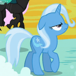 Size: 320x320 | Tagged: safe, screencap, thorax, trixie, changeling, pony, unicorn, g4, to where and back again, animated, blinking, butt, floppy ears, gif, grumpy, looking up, nose wrinkle, plot, raised hoof, solo focus