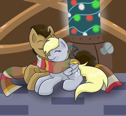 Size: 1024x945 | Tagged: safe, artist:yoshimarsart, derpy hooves, doctor whooves, time turner, pegasus, pony, g4, clothes, female, male, mare, nuzzling, prone, scarf, shared clothing, shared scarf, ship:doctorderpy, shipping, straight, watermark