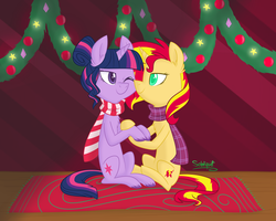 Size: 1024x819 | Tagged: safe, artist:flourret, sci-twi, sunset shimmer, twilight sparkle, pony, unicorn, equestria girls, g4, clothes, equestria girls ponified, female, holding hooves, lesbian, one eye closed, ponified, scarf, ship:sci-twishimmer, ship:sunsetsparkle, shipping, unicorn sci-twi, wingless