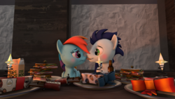 Size: 1024x576 | Tagged: safe, artist:johnnyhorse, rainbow dash, soarin', pony, g4, 3d, blushing, eggnog, feast, food, licking, male, ship:soarindash, shipping, straight, tongue out