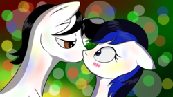 Size: 1920x1080 | Tagged: safe, artist:astroanimations, oc, oc only, oc:noire, pegasus, pony, abstract background, blushing, eye contact, female, floppy ears, hoof hold, kissing, kissy face, lidded eyes, looking at each other, male, mare, mistletoe, stallion, wide eyes