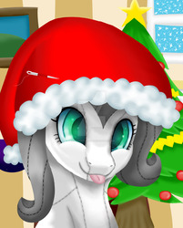 Size: 1024x1273 | Tagged: safe, artist:legenddestroye, oc, oc only, oc:double backstitch, pony, christmas tree, female, hat, mare, plushie, santa hat, solo, tongue out, tree, watermark