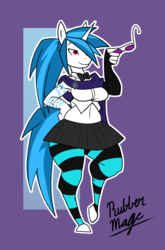 Size: 1232x1872 | Tagged: safe, artist:rubbermage, dj pon-3, vinyl scratch, anthro, unguligrade anthro, g4, alternate hairstyle, belly button, bowtie, breasts, busty vinyl scratch, clothes, female, glasses, midriff, pantyhose, pleated skirt, ponytail, scarf, skirt, solo, striped pantyhose, tattoo, wide hips