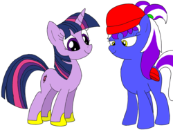 Size: 1066x800 | Tagged: safe, artist:toyminator900, twilight sparkle, oc, oc:filly billy, pony, unicorn, g4, beanie, duo, fimfiction, hat, horseshoes, pigtails, simple background, transparent background