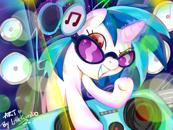 Size: 1400x1050 | Tagged: safe, artist:kumikoponylk, dj pon-3, vinyl scratch, pony, g4, female, headphones, solo, speaker, turntable