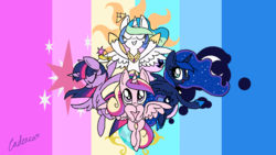 Size: 1280x720 | Tagged: safe, artist:leone di cielo, princess cadance, princess celestia, princess luna, twilight sparkle, alicorn, pony, g4, alicorn tetrarchy, female, mare, twilight sparkle (alicorn)