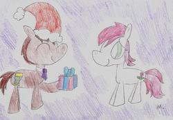 Size: 2114x1460 | Tagged: safe, artist:ptitemouette, doctor whooves, roseluck, time turner, earth pony, pony, g4, christmas, male, ship:doctorrose, shipping, straight, traditional art
