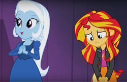 Size: 1006x648 | Tagged: safe, screencap, sunset shimmer, trixie, equestria girls, g4, my little pony equestria girls: rainbow rocks, duo, fall formal outfits, sad