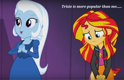 Size: 1006x648 | Tagged: safe, edit, edited screencap, screencap, sunset shimmer, trixie, equestria girls, g4, my little pony equestria girls: rainbow rocks, blatant lies, caption, clothes, duo, jacket, leather jacket, sad
