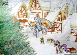 Size: 2556x1831 | Tagged: safe, artist:ponystarpony, rainbow dash, scootaloo, g4, christmas lights, christmas tree, decoration, flying, sled, snow, traditional art, tree