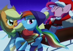 Size: 3100x2200 | Tagged: safe, artist:geraritydevillefort, applejack, pinkie pie, rainbow dash, g4, bag, cheering, christmas, clothes, costume, cowboy hat, eyes closed, freckles, happy, hat, high res, looking back, one eye closed, santa costume, scarf, sled, snow, stetson, sweater, trio, wink