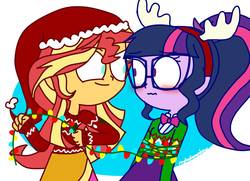 Size: 1378x999 | Tagged: safe, artist:psychodiamondstar, sci-twi, sunset shimmer, twilight sparkle, equestria girls, g4, blushing, christmas lights, female, hat, lesbian, reindeer antlers, santa hat, ship:sci-twishimmer, ship:sunsetsparkle, shipping