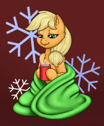 Size: 2432x2936 | Tagged: safe, artist:smilingm00n, applejack, earth pony, pony, g4, blanket, chest fluff, chocolate, cup, female, food, hatless, high res, hot chocolate, missing accessory, solo