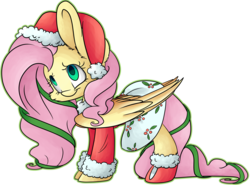 Size: 8928x6605 | Tagged: safe, artist:cutepencilcase, fluttershy, pony, g4, absurd resolution, clothes, costume, female, hat, santa costume, santa hat, simple background, smiling, socks, solo, transparent background