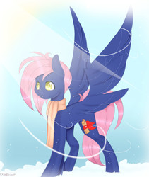 Size: 1399x1658 | Tagged: safe, artist:clefficia, oc, oc only, oc:storybook, pegasus, pony, clothes, scarf, snow, snowfall, solo, wind