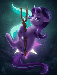 Size: 975x1280 | Tagged: safe, artist:silentwulv, starlight glimmer, pony, g4, beautiful, blue eyes, cute, cutie mark, cutie mark background, female, glimmerbetes, lidded eyes, looking at you, night, s5 starlight, smiling, solo, staff, staff of sameness, stars