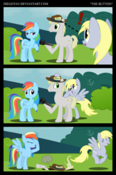 Size: 1024x1534 | Tagged: safe, artist:diegotan, derpy hooves, rainbow dash, oc, oc:rollback, earth pony, pegasus, pony, g4, comic, facehoof, female, hat, laughing, male, mare, microphone, pun, pushing, reporter, stallion