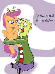Size: 960x1280 | Tagged: safe, artist:i3b4eva, scootaloo, pony, g4, crossover, ed (ed edd n eddy), ed edd n eddy, frown, glare, holding a pony, hug, open mouth, pet the chicken, petting, pushing, scootachicken, scootaloo is not amused, sitting, smiling, this will end in pain, unamused