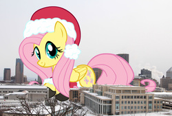 Size: 2000x1350 | Tagged: safe, artist:theotterpony, fluttershy, pegasus, pony, g4, christmas, female, giant pony, hat, highrise ponies, irl, macro, mare, photo, ponies in real life, santa hat, smiling, solo