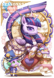 Size: 1024x1489 | Tagged: safe, artist:kongyi, apple bloom, scootaloo, spike, sweetie belle, twilight sparkle, alicorn, pony, g4, blob, cake, clothes, cutie mark crusaders, dress, food, hat, heart, suit, twilight sparkle (alicorn)