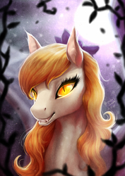 Size: 1240x1753 | Tagged: safe, artist:begasus, oc, oc only, bat pony, pony, bust, fangs, flower, flower in hair, full moon, moon, portrait, smiling, solo