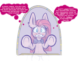 Size: 1280x996 | Tagged: safe, artist:heir-of-rick, pinkie pie, pony, g4, blushing, bowtie, ear fluff, female, impossibly large ears, lesbian, mirror, nervous, pinkamena diane pie, ship:raripie, shipping, simple background, solo, thought bubble, underhoof, white background