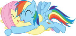 Size: 6001x2875 | Tagged: safe, artist:deratrox, fluttershy, rainbow dash, pegasus, pony, g4, trade ya!, .svg available, ^^, absurd resolution, cuddling, cute, duo, eyes closed, female, hug, lesbian, mare, ship:flutterdash, shipping, simple background, snuggling, transparent background, vector