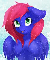 Size: 1054x1280 | Tagged: safe, artist:evange, oc, oc only, oc:night coder, pegasus, pony, bust, female, looking at you, mare, portrait, snow, snowfall, snowflake, solo, tongue out, wings