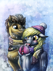 Size: 3000x4000 | Tagged: safe, artist:lupiarts, derpy hooves, doctor whooves, time turner, pegasus, pony, g4, blushing, candy, candy cane, chest fluff, clothes, female, food, hat, licking, male, mare, scarf, ship:doctorderpy, shipping, snow, snowfall, socks, straight, tongue out