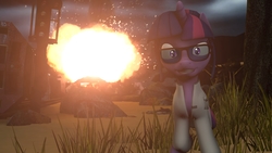 Size: 3840x2160 | Tagged: safe, artist:derpyhooves216, sci-twi, twilight sparkle, pony, unicorn, g4, 3d, clothes, equestria girls ponified, explosion, female, for science, glasses, high res, lab coat, looking at you, ponified, scientist, solo, source filmmaker, unicorn sci-twi