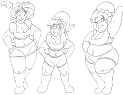 Size: 2429x1861 | Tagged: safe, artist:catstuxedo, pinkie pie, rainbow dash, rarity, human, g4, belly button, christmas, chubby, fat, female, horn, horned humanization, humanized, monochrome, pudgy pie, trio, trio female, winged humanization, wings