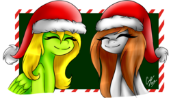 Size: 828x472 | Tagged: safe, artist:d-emonia, artist:jinx--minx, oc, oc only, pony, duo, hat, santa hat, smiling