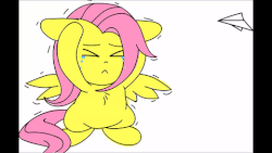 Size: 480x270 | Tagged: safe, artist:pinkamena-chan, fluttershy, pony, g4, animated, cowering, crying, female, gif, paper airplane, solo
